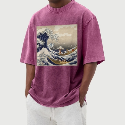 Cat Ship Wave Ukiyoe Washed Vintage Short Sleeves T-Shirt-moweekender