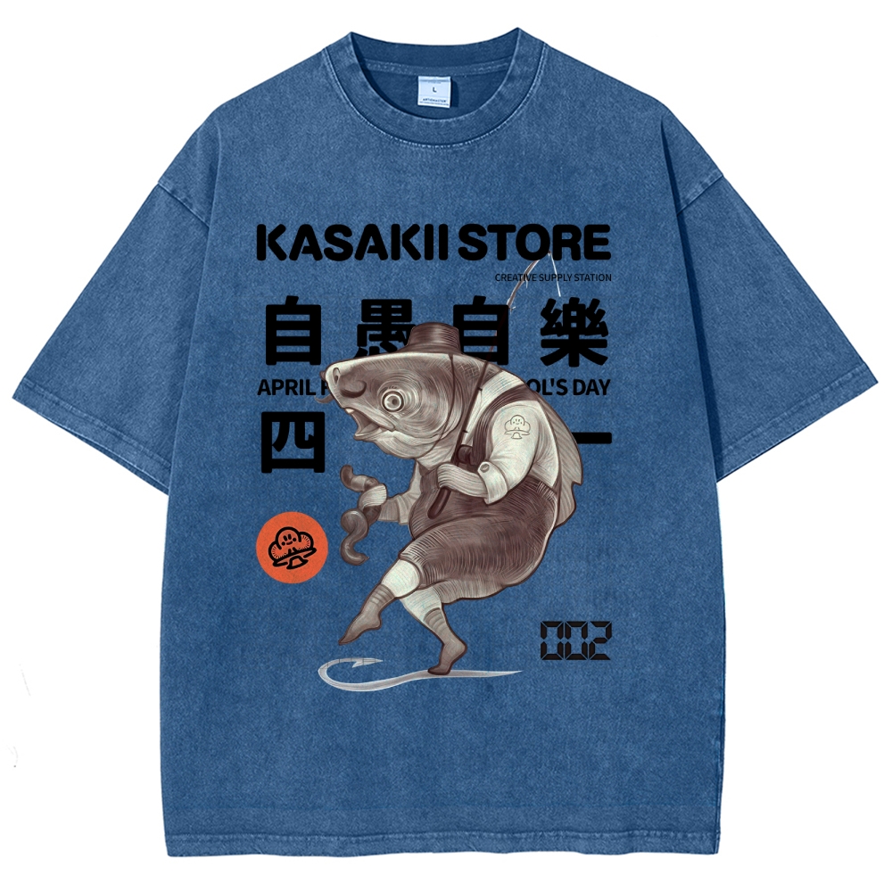 Fishing Shark Man Washed Vintage Short Sleeves T-Shirt-moweekender