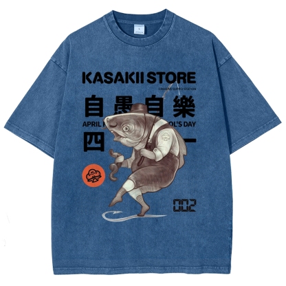 Fishing Shark Man Washed Vintage Short Sleeves T-Shirt-moweekender