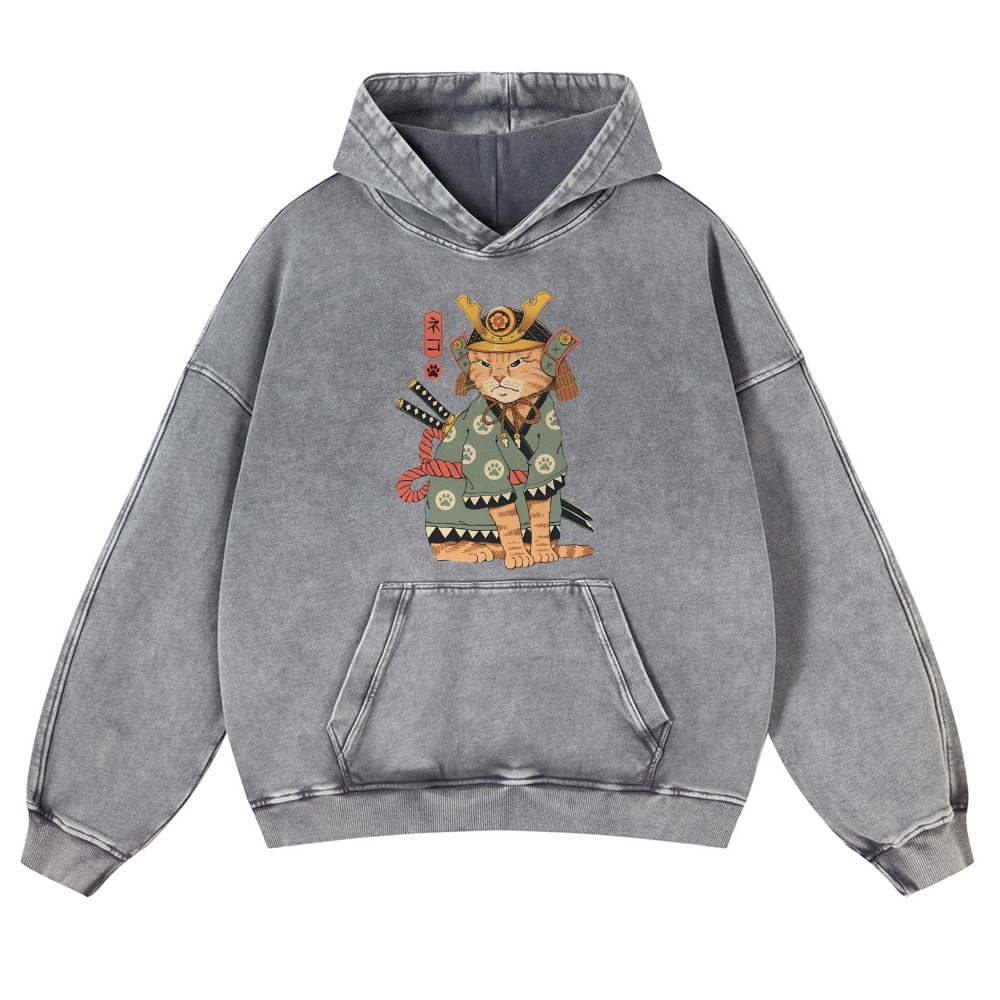 Japanese Warrior Cat Ukiyoe Vintage Washed Hoodie-moweekender
