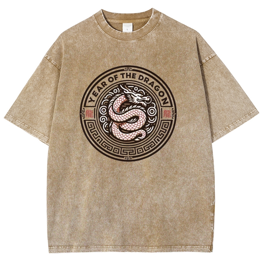 Traditional Dragon Pattern Washed Vintage Short Sleeves T-Shirt-moweekender