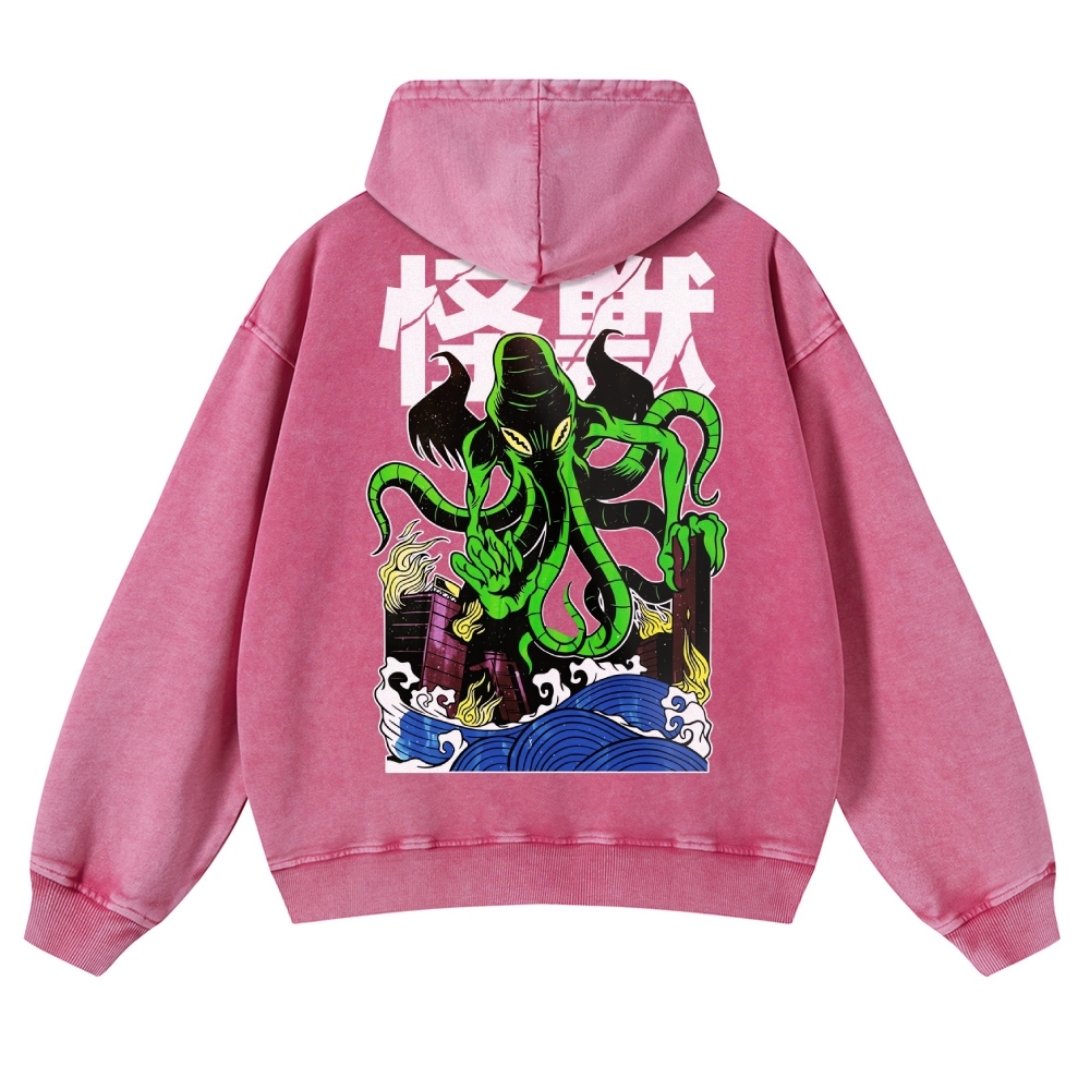 Octopus Monster Casual Vintage Washed Hoodie-moweekender