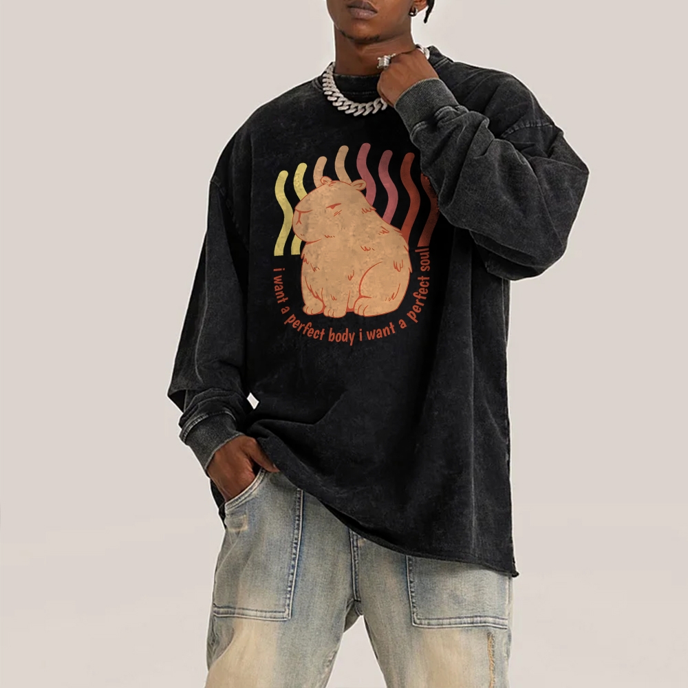 Capybara Casual Deep Washed Vintage Long Sleeves T-Shirt-moweekender
