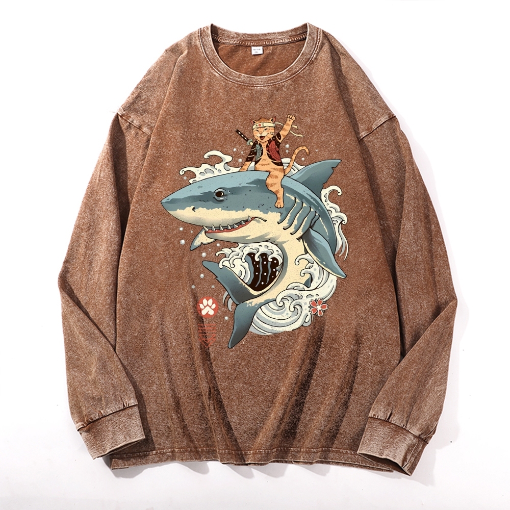 Shark Sushi Cat Ukiyoe Pattern Deep Washed Vintage Long Sleeves T-Shirt-moweekender