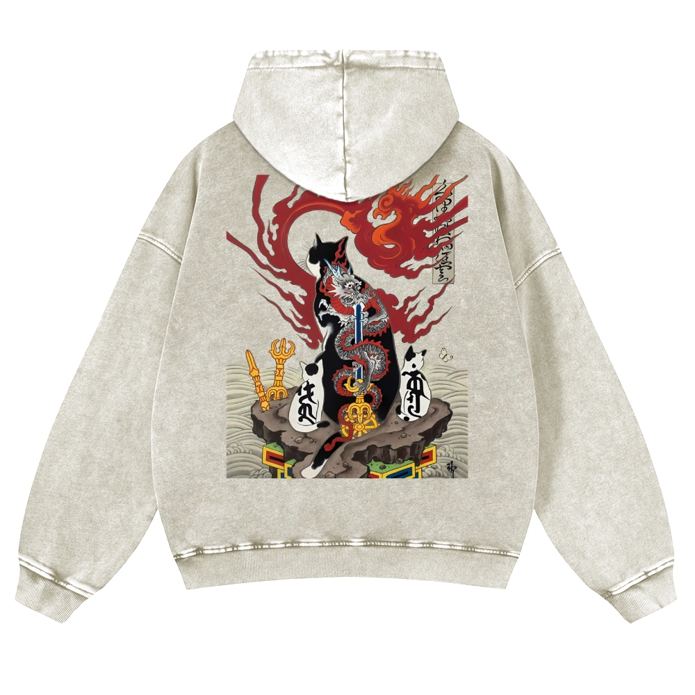 Loong Tattoo Cat Vintage Washed Hoodie-moweekender