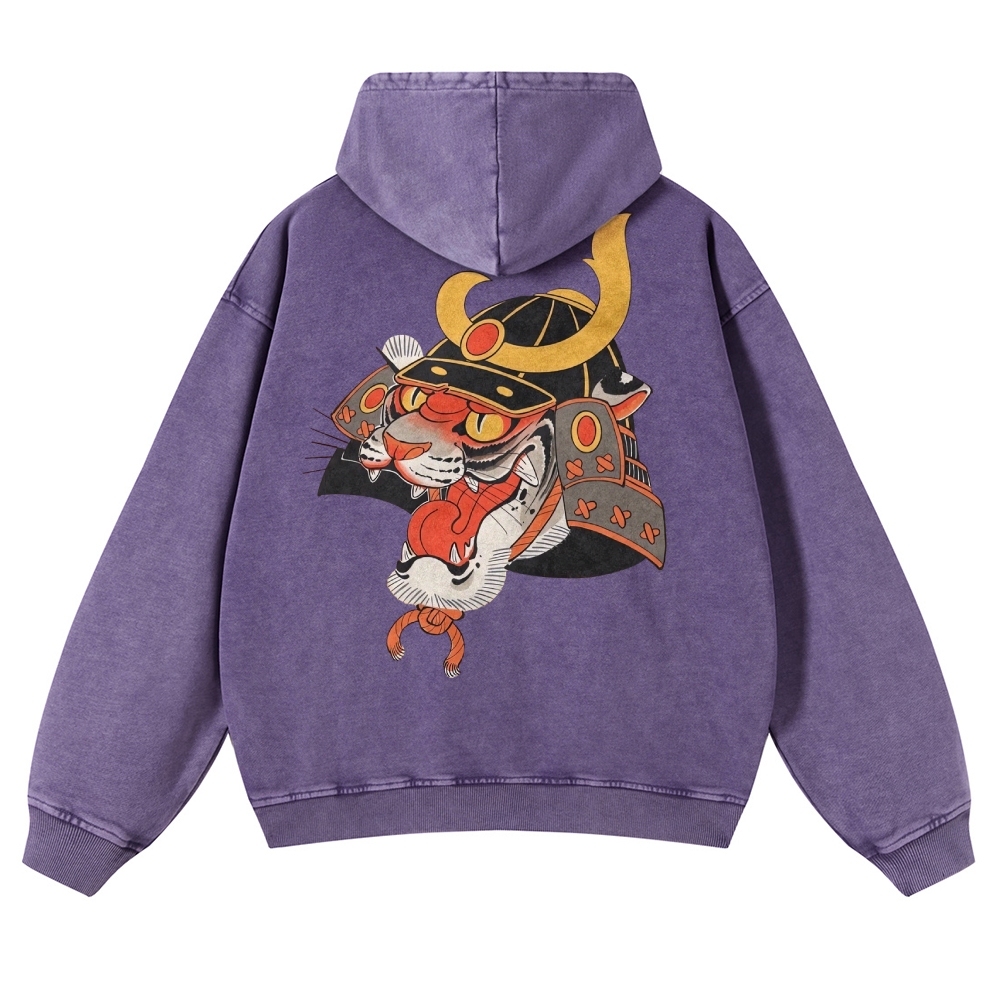 Tiger Warrior Pattern Printed Vintage Washed Hoodie-moweekender