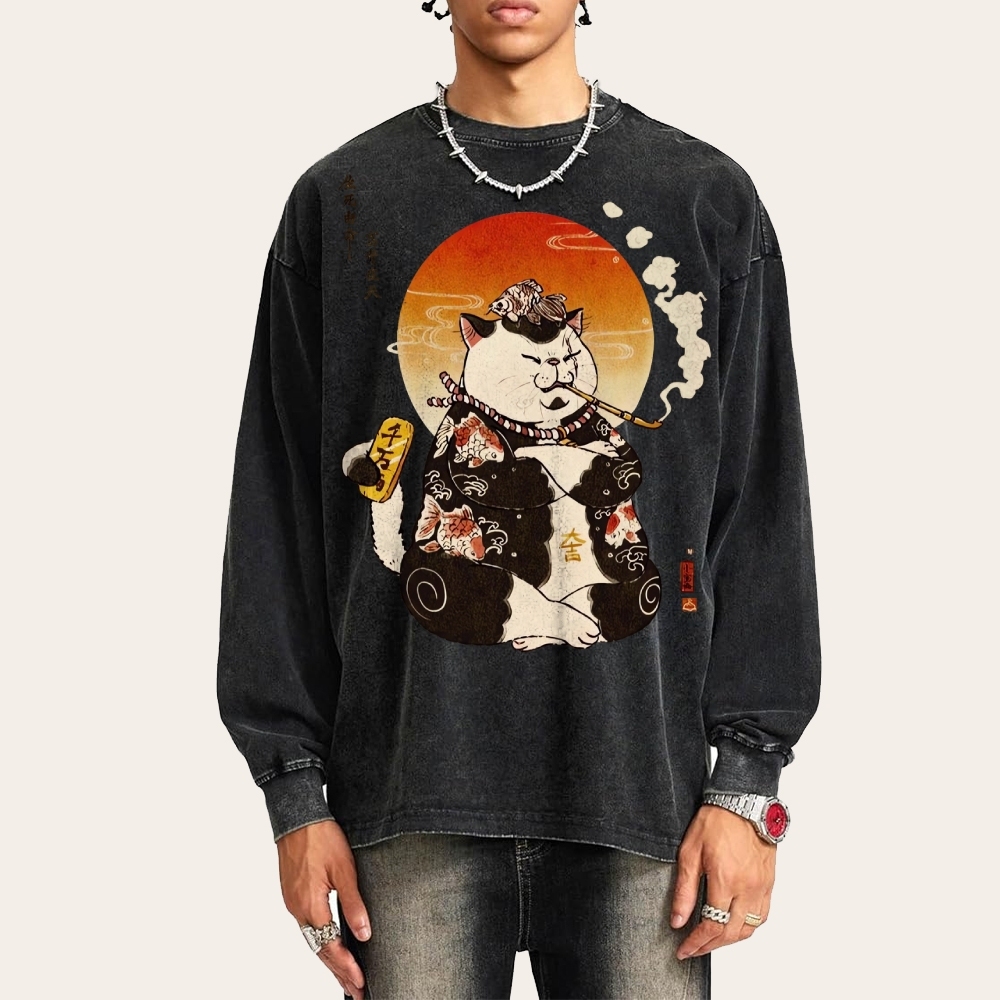 Smoking Rich Cat Deep Washed Vintage Long Sleeves T-Shirt-moweekender