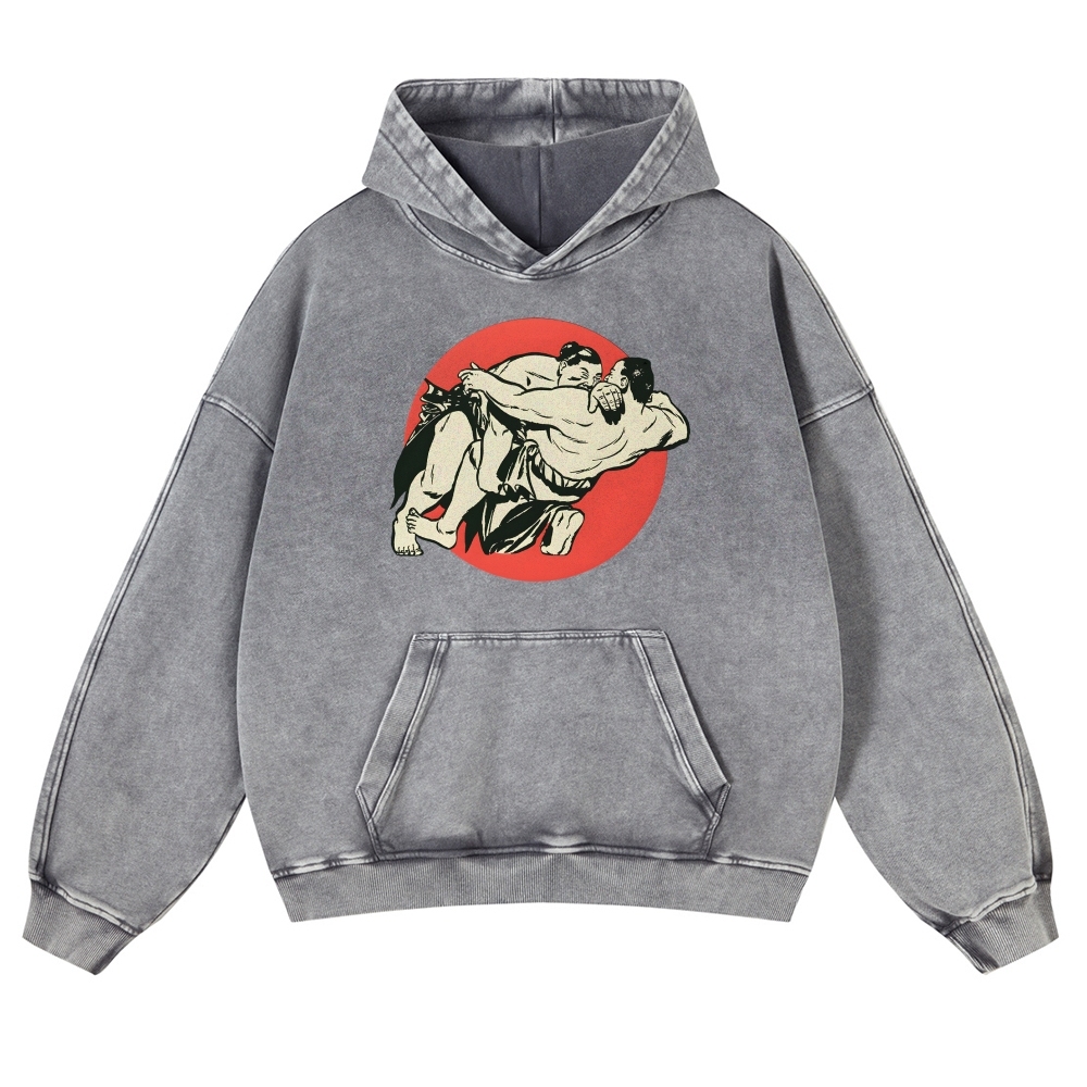Japanese Sumo Wrestlers Pattern Vintage Washed Hoodie-moweekender