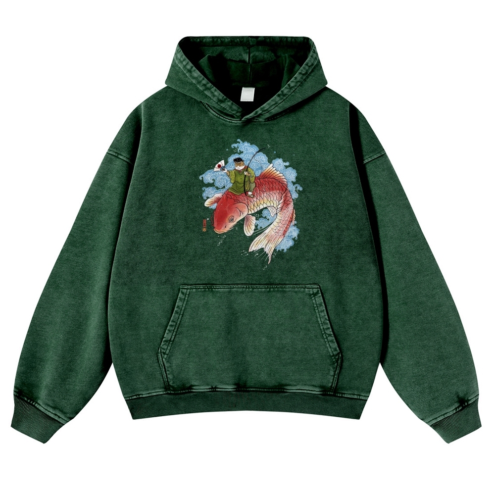 Carp Cat Ukiyoe Pattern Vintage Washed Hoodie-moweekender