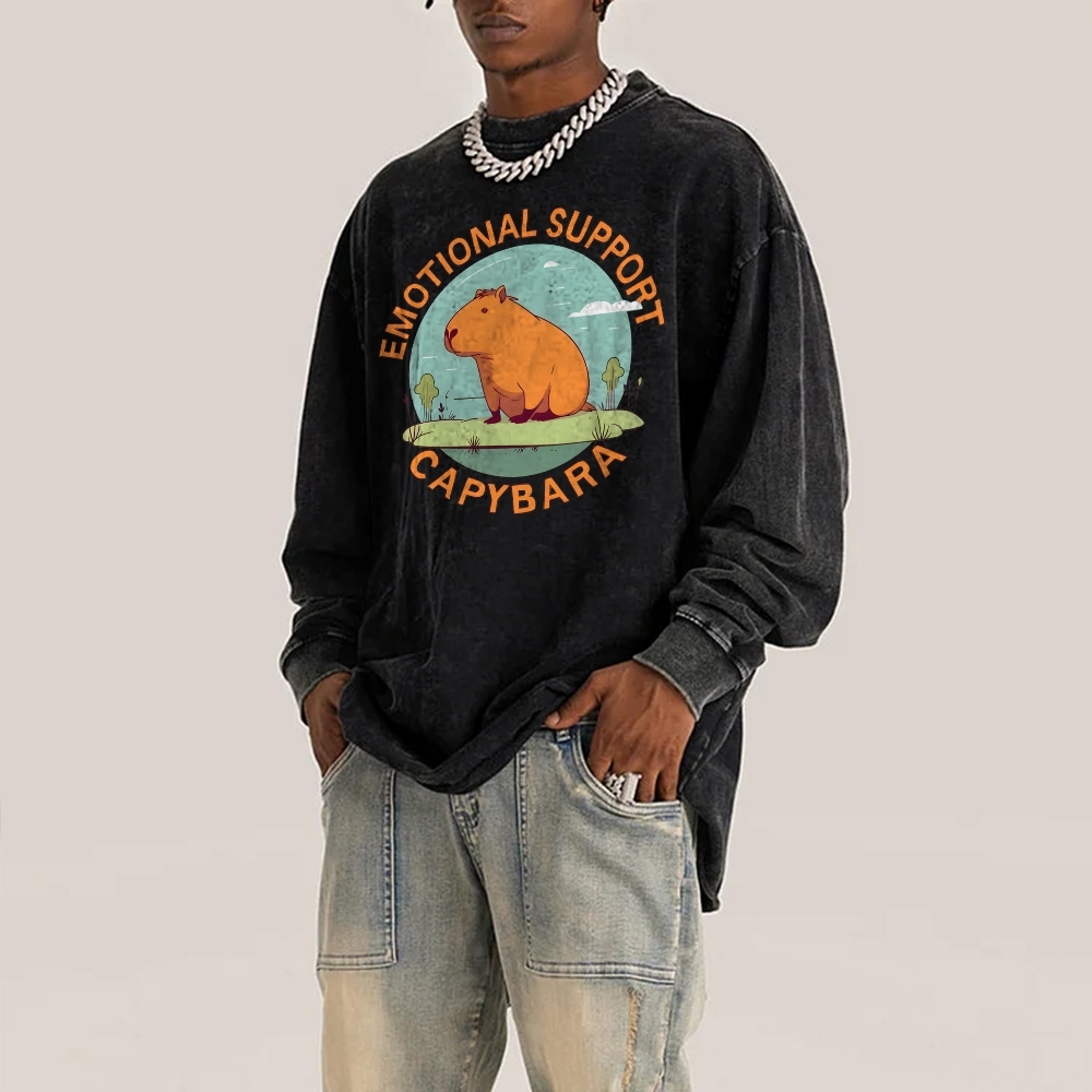 Emotional Support Capybara Deep Washed Vintage Long Sleeves T-Shirt-moweekender