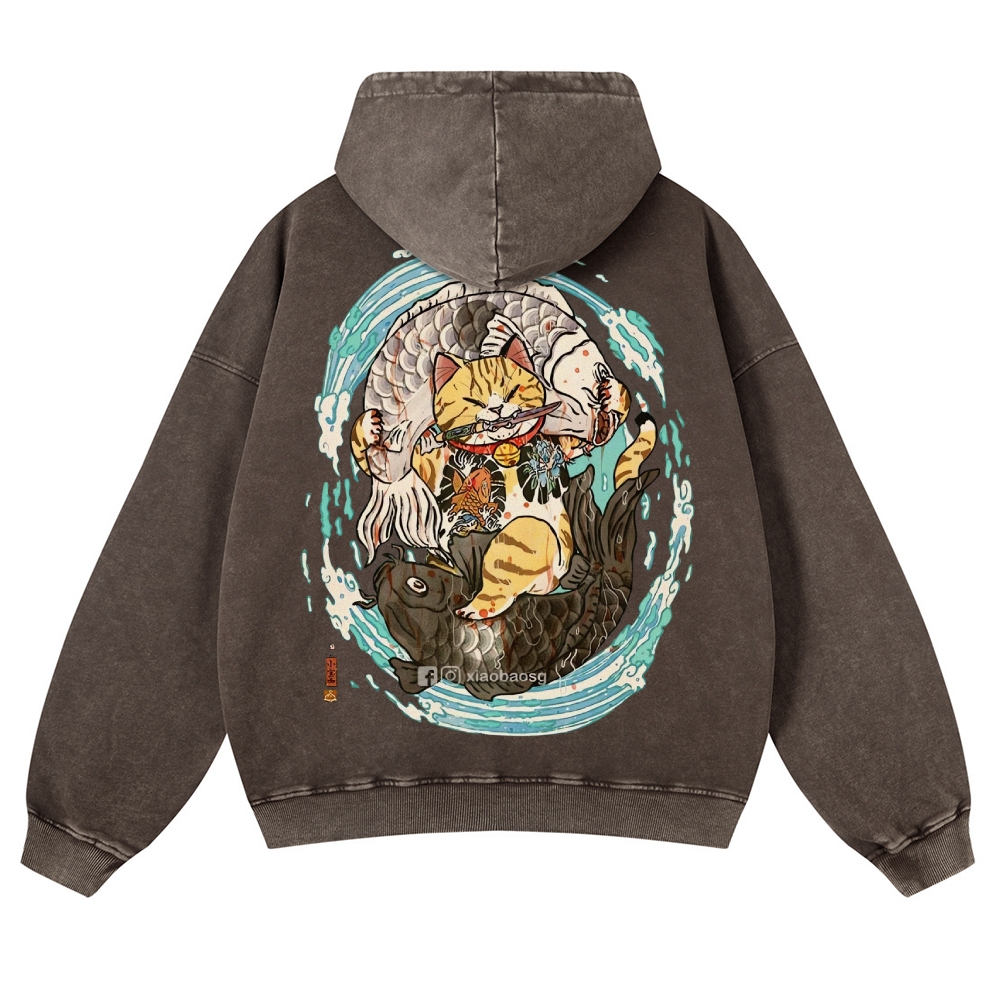 Japan Samurai Cat Vintage Washed Hoodie-moweekender