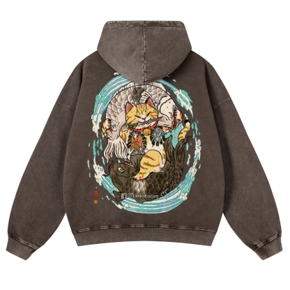 Japan Samurai Cat Vintage Washed Hoodie-moweekender