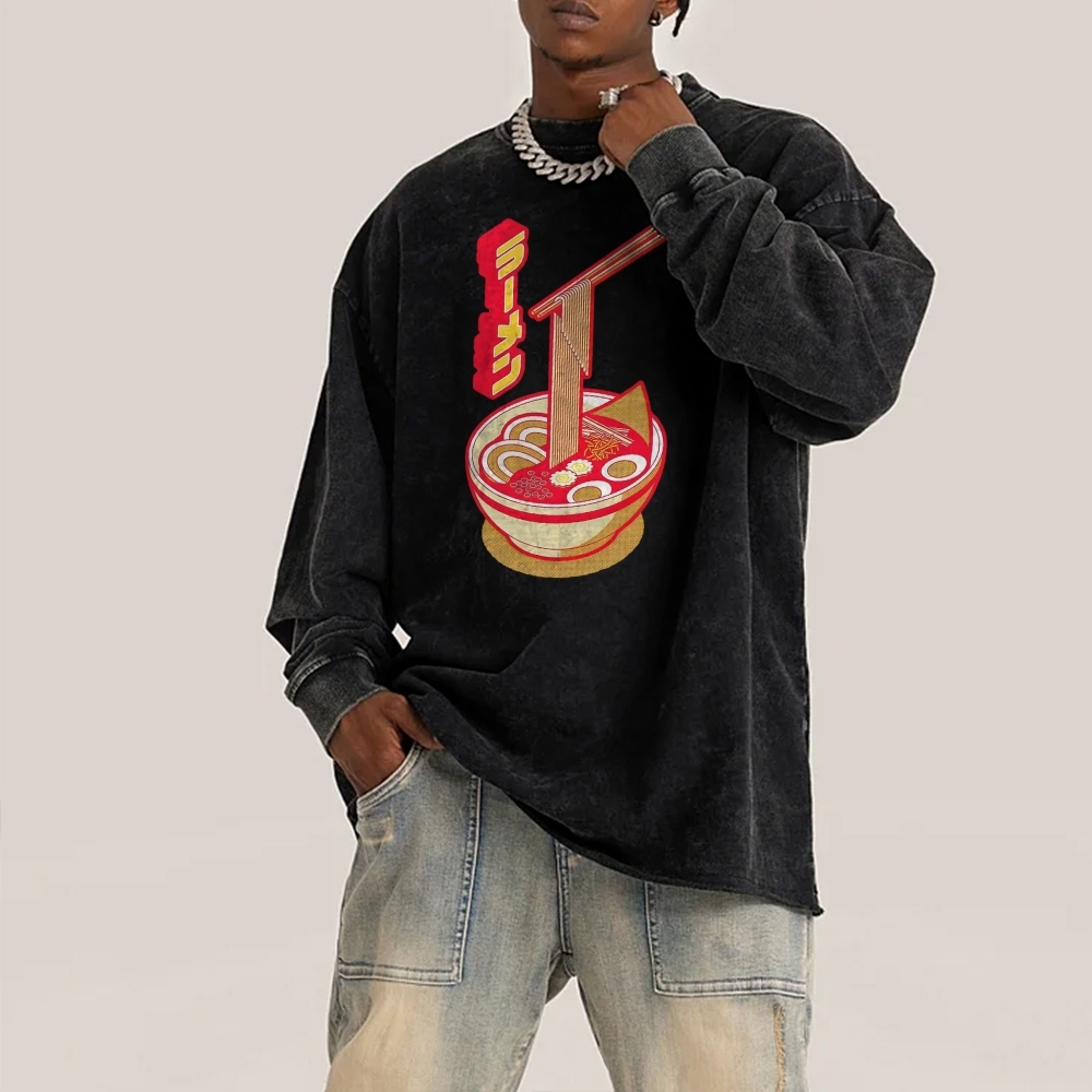 Japanese Ramen Deep Washed Vintage Long Sleeves T-Shirt-moweekender