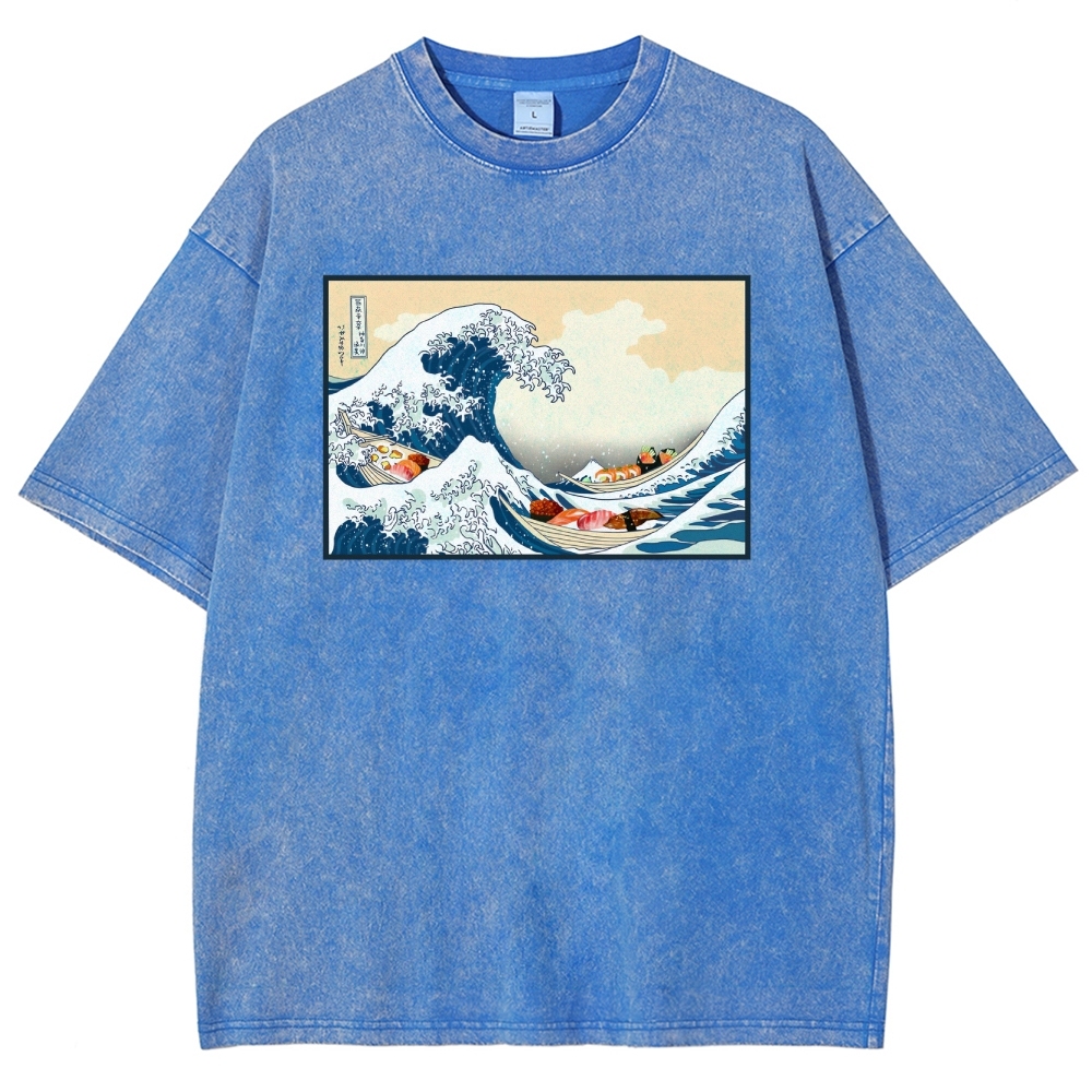 Sushi Ship Wave Ukiyoe Washed Vintage Short Sleeves T-Shirt-moweekender