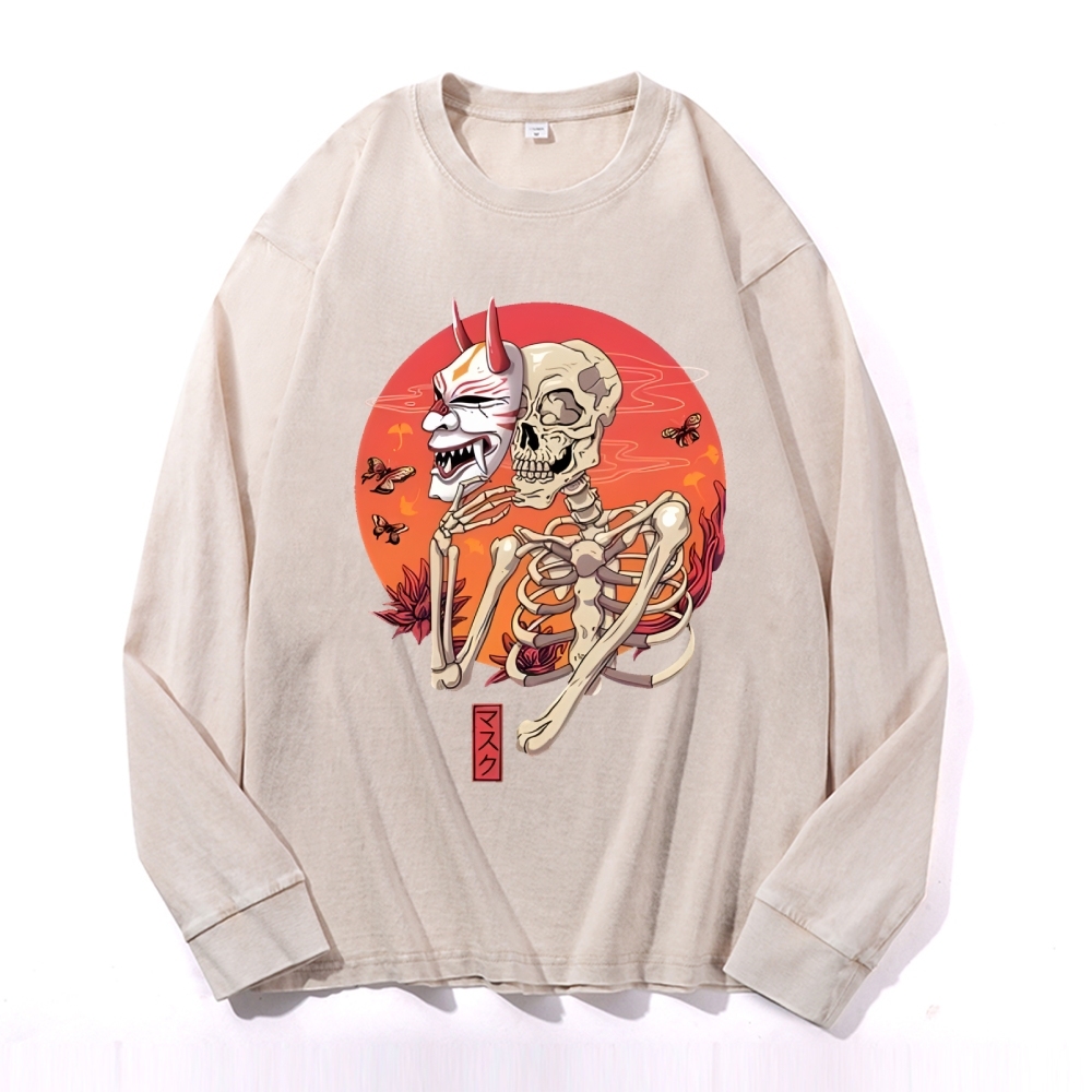 Japanese Skeleton Mask Deep Washed Vintage Long Sleeves T-Shirt-moweekender