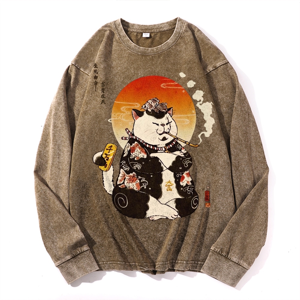Smoking Rich Cat Deep Washed Vintage Long Sleeves T-Shirt-moweekender