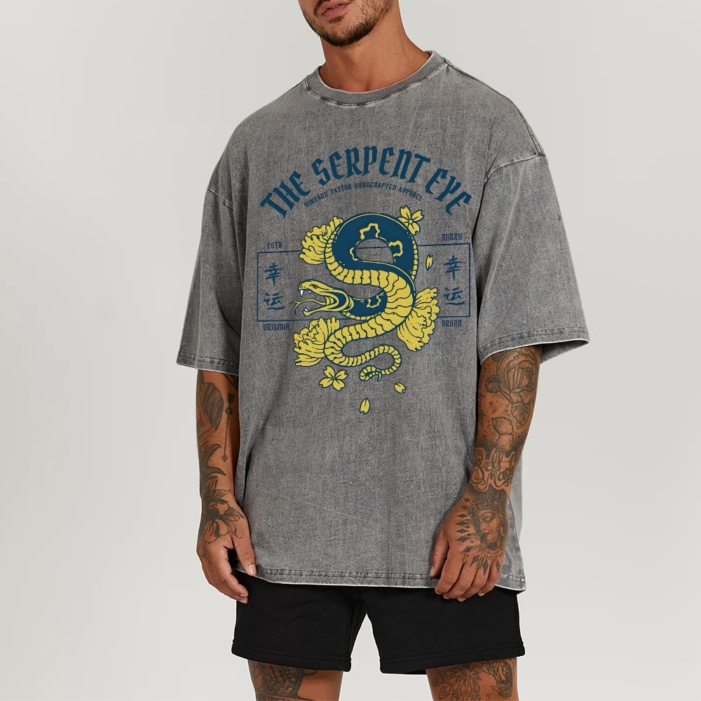 Japan Lucky Snake Sign Washed Vintage Short Sleeves T-Shirt-moweekender