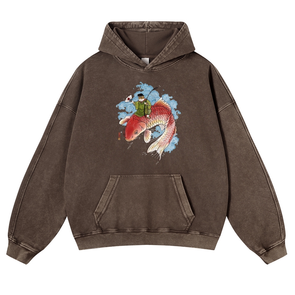 Carp Cat Ukiyoe Pattern Vintage Washed Hoodie-moweekender