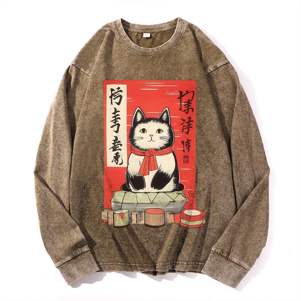 Japan Cat Painting Deep Washed Vintage Long Sleeves T-Shirt-moweekender