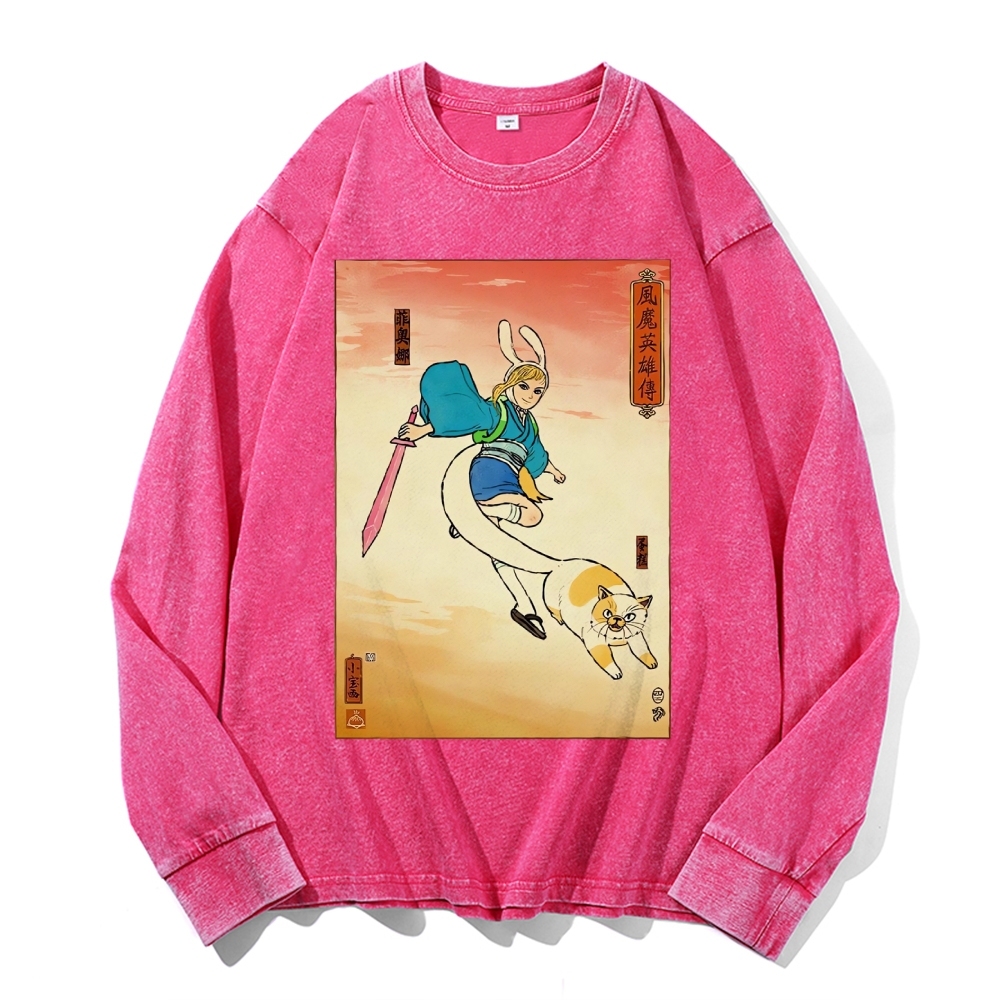 Hero Story Printed Deep Washed Vintage Long Sleeves T-Shirt-moweekender