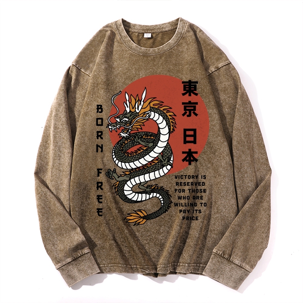 Tokyo Dragon Pattern Deep Washed Vintage Long Sleeves T-Shirt-moweekender
