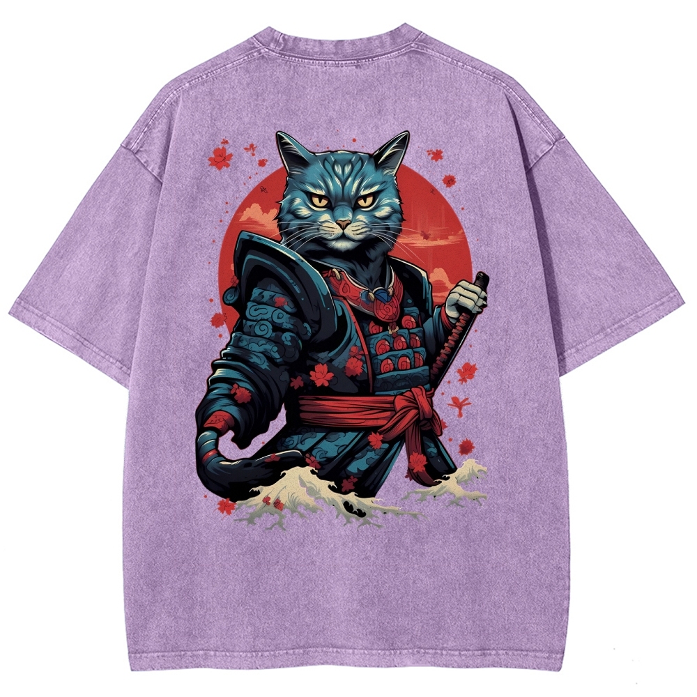 Japan Cat Warrior Washed Vintage Short Sleeves T-Shirt-moweekender