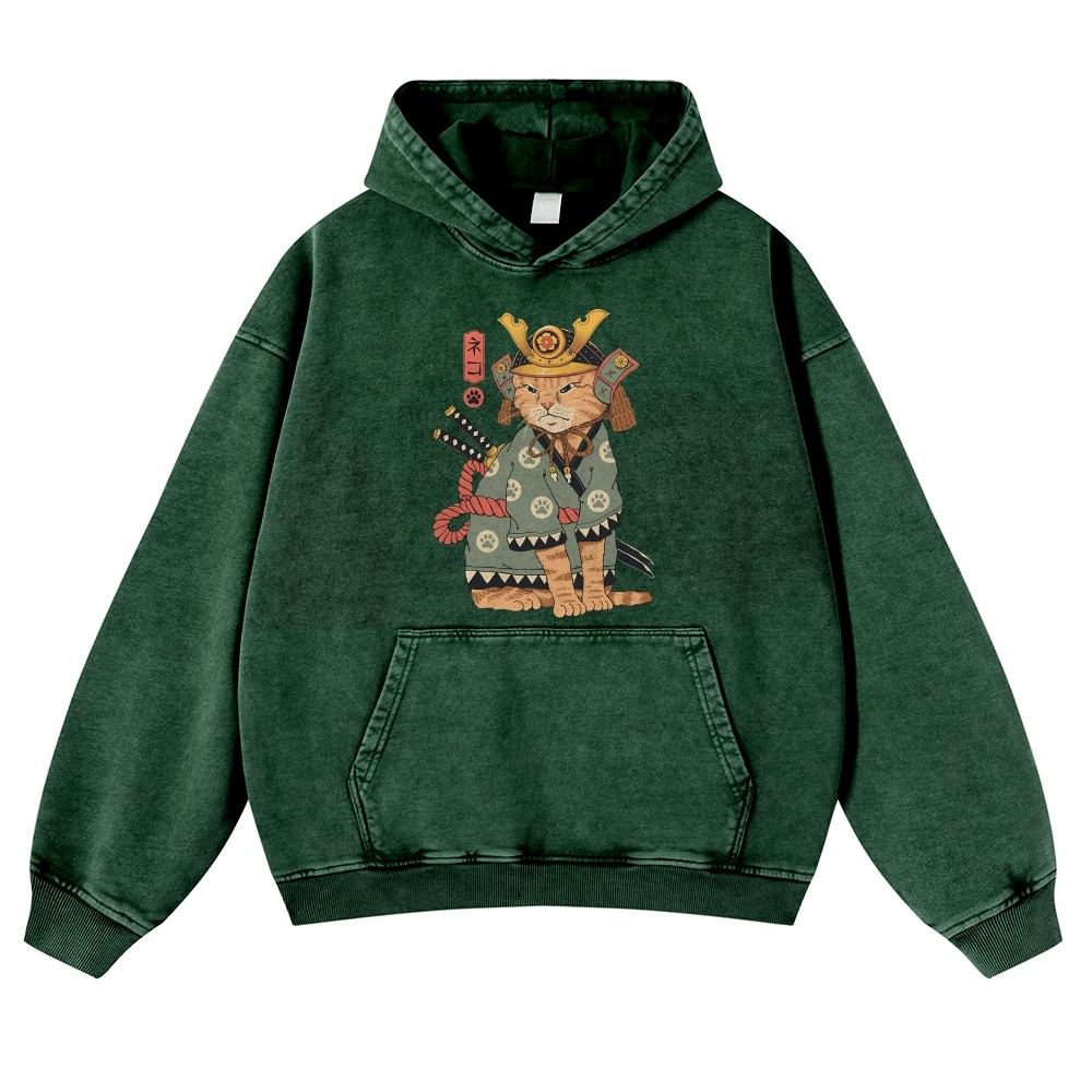 Japanese Warrior Cat Ukiyoe Vintage Washed Hoodie-moweekender