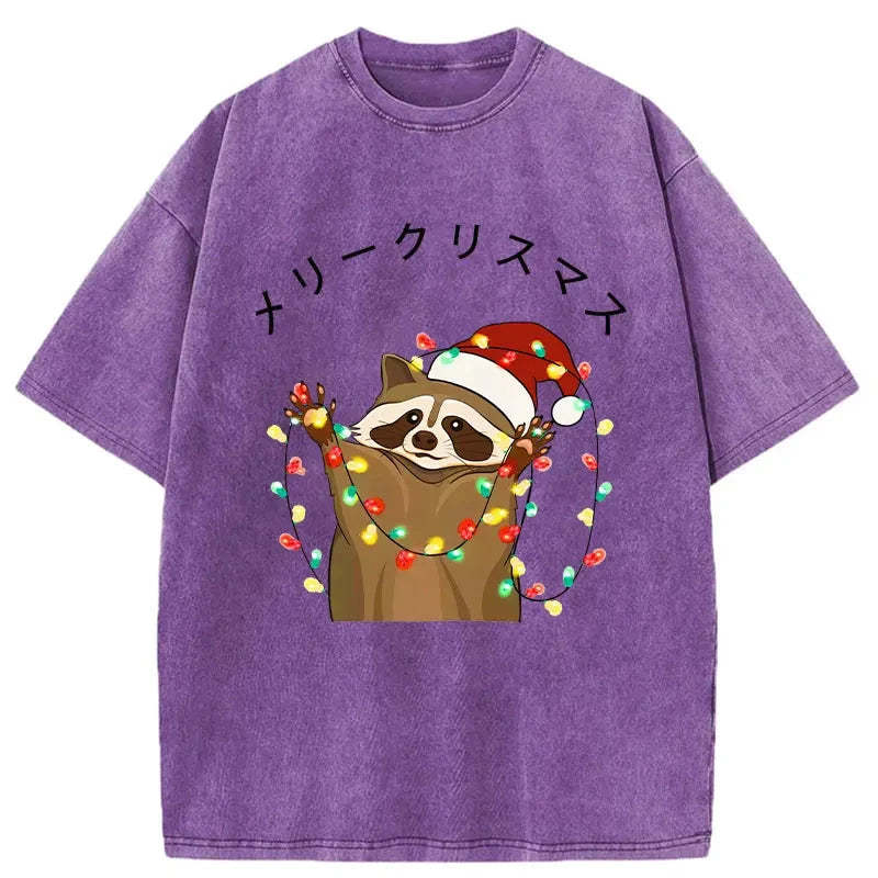Raccoon Christmas Washed Vintage T-Shirt-moweekender