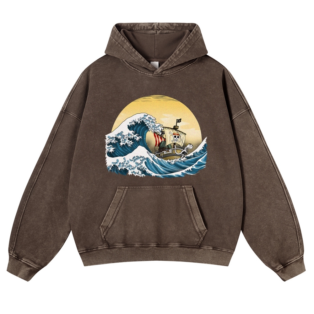 Straw Hat Pirate Ship Ukiyoe Vintage Washed Hoodie-moweekender