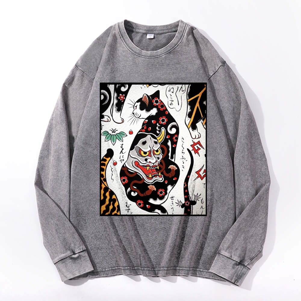 Demon Mask Tattoo Cat Deep Washed Vintage Long Sleeves T-Shirt-moweekender