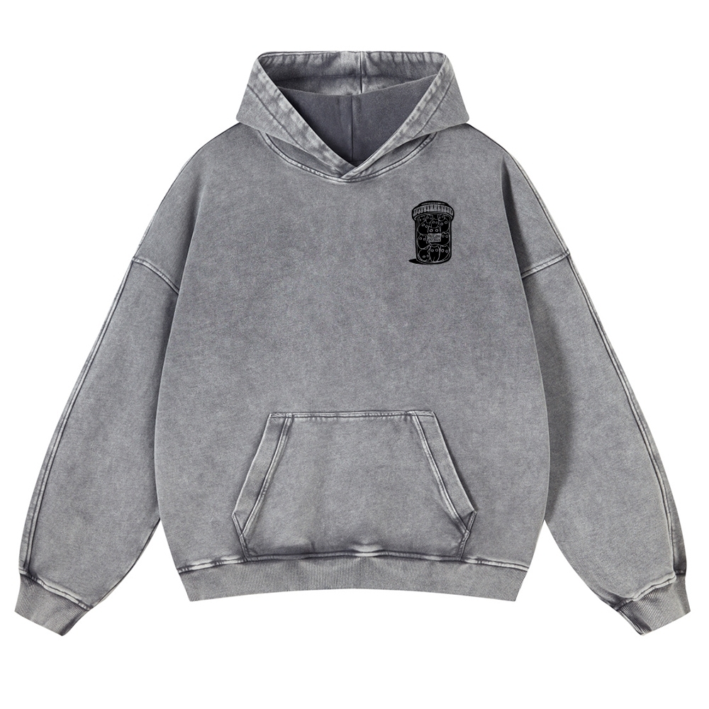 Black Cat Pills Pattern Vintage Washed Hoodie-moweekender