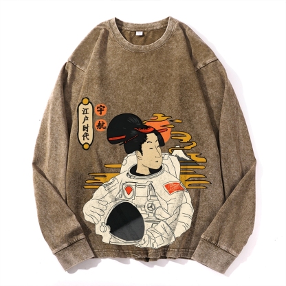 Japanese Spaceman Ukiyoe Deep Washed Vintage Long Sleeves T-Shirt-moweekender