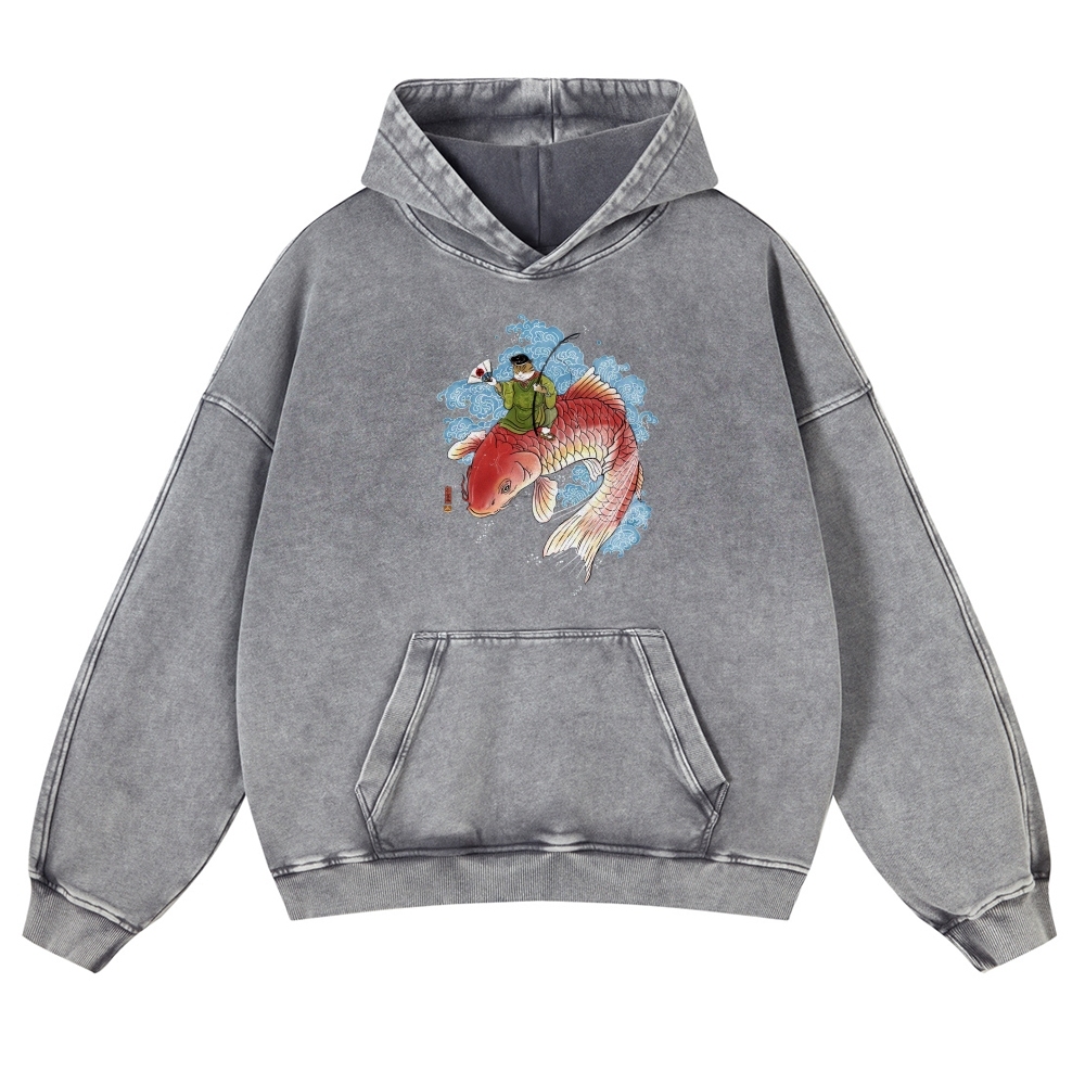 Carp Cat Ukiyoe Pattern Vintage Washed Hoodie-moweekender