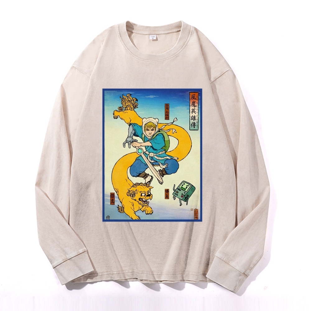 Hero Story Pattern Deep Washed Vintage Long Sleeves T-Shirt-moweekender