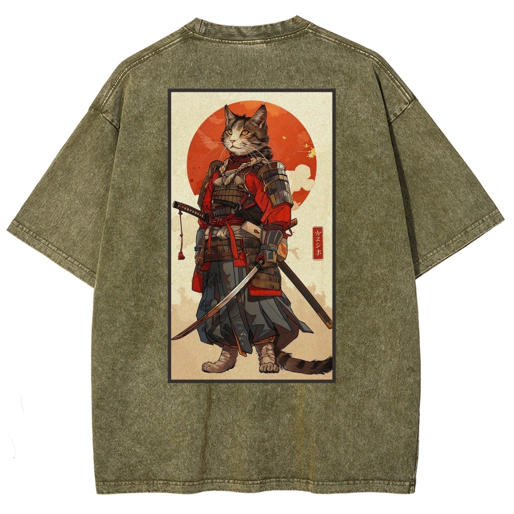 Casual Warrior Cat Washed Vintage Short Sleeves T-Shirt-moweekender