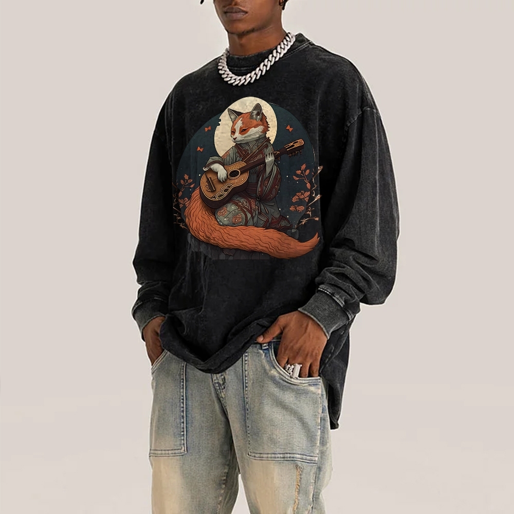 Guitar Fox Ukiyoe Painting Deep Washed Vintage Long Sleeves T-Shirt-moweekender