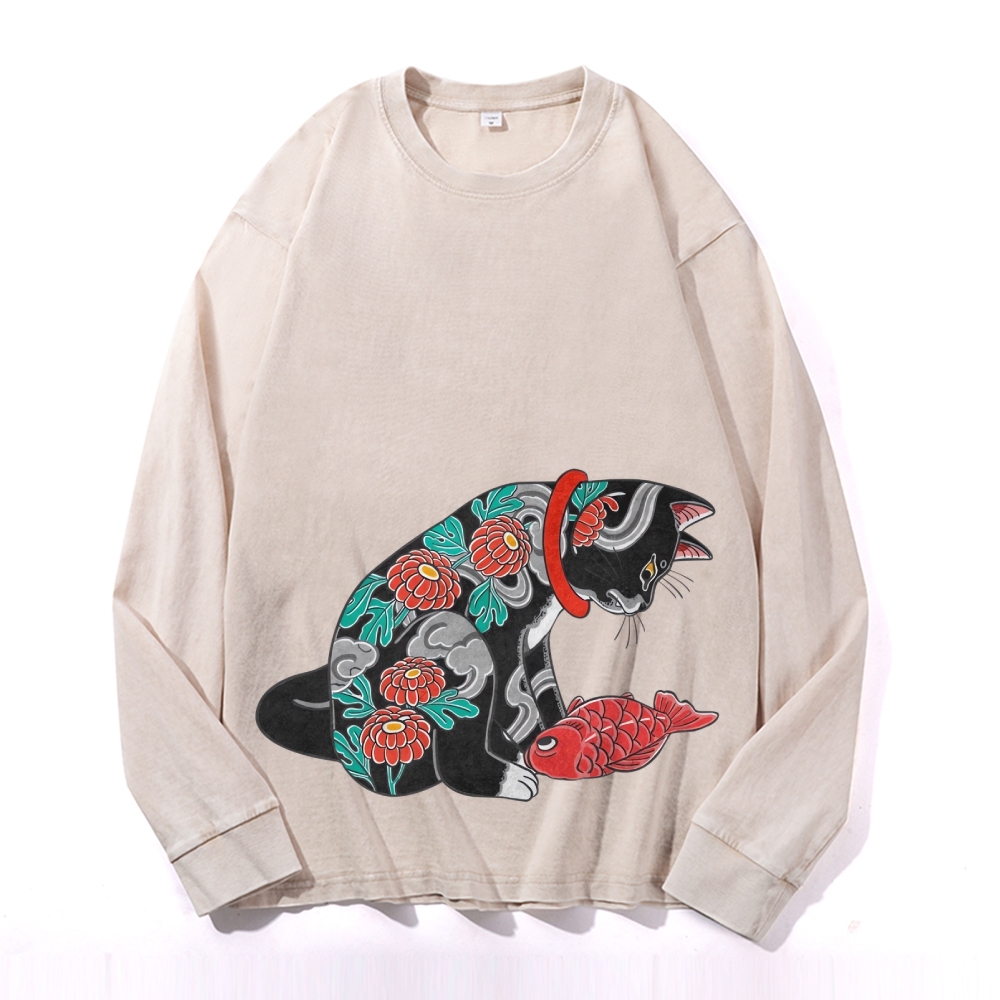 Flower Tattoo Cat Deep Washed Vintage Long Sleeves T-Shirt-moweekender