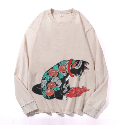 Flower Tattoo Cat Deep Washed Vintage Long Sleeves T-Shirt-moweekender