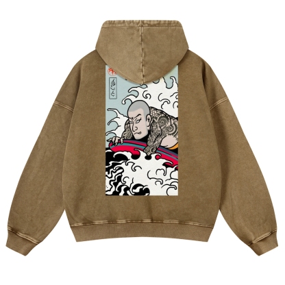Japanese Surfing Ukiyoe Vintage Washed Hoodie-moweekender