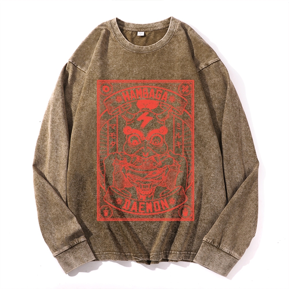 Demon Burger Printed Deep Washed Vintage Long Sleeves T-Shirt-moweekender