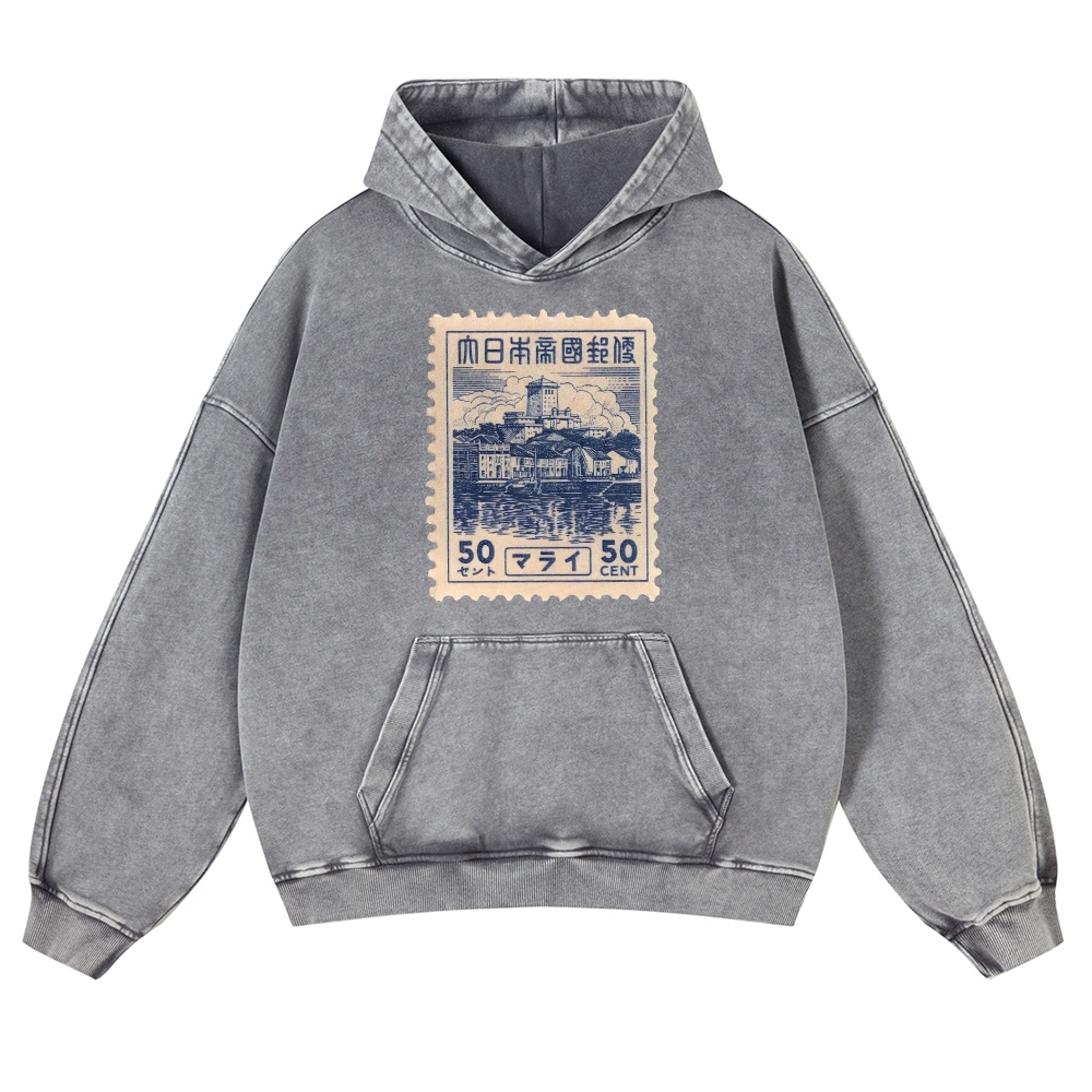 Japan Old Stamp Pattern Vintage Washed Hoodie-moweekender