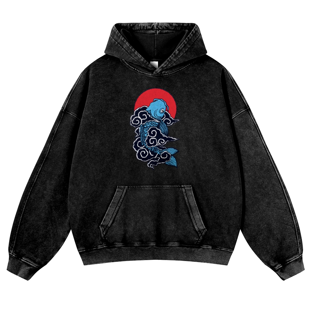 Cloud Carp Ukiyoe Pattern Vintage Washed Hoodie-moweekender