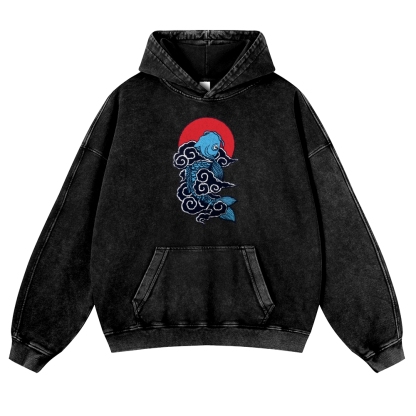 Cloud Carp Ukiyoe Pattern Vintage Washed Hoodie-moweekender