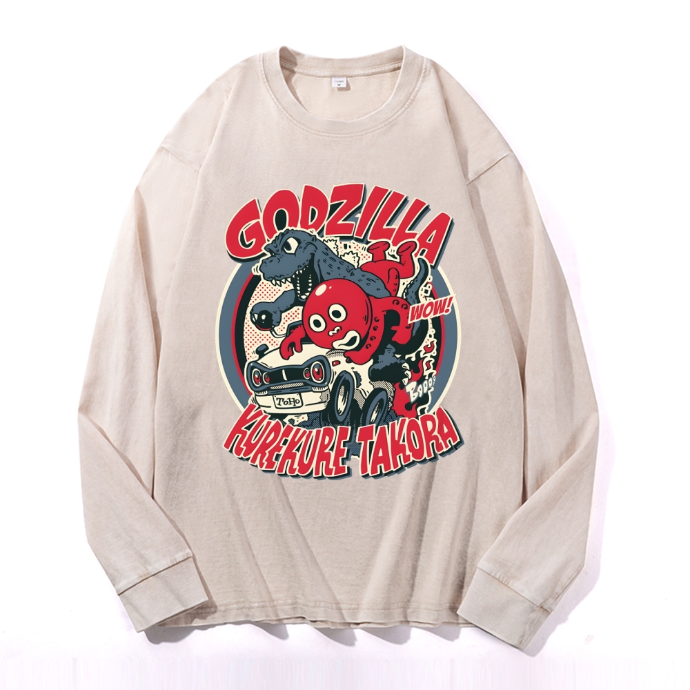 Godzilla Cartoon Pattern Deep Washed Vintage Long Sleeves T-Shirt-moweekender