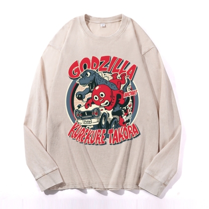 Godzilla Cartoon Pattern Deep Washed Vintage Long Sleeves T-Shirt-moweekender