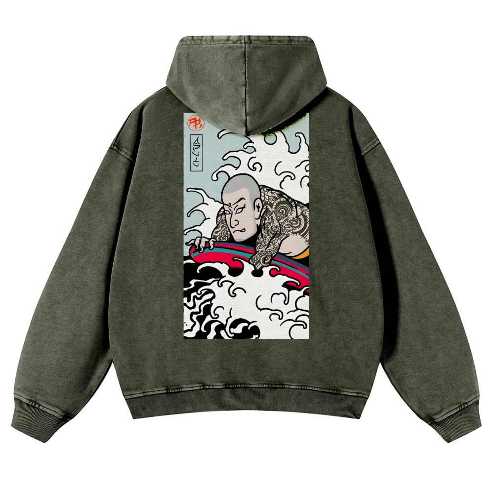 Japanese Surfing Ukiyoe Vintage Washed Hoodie-moweekender
