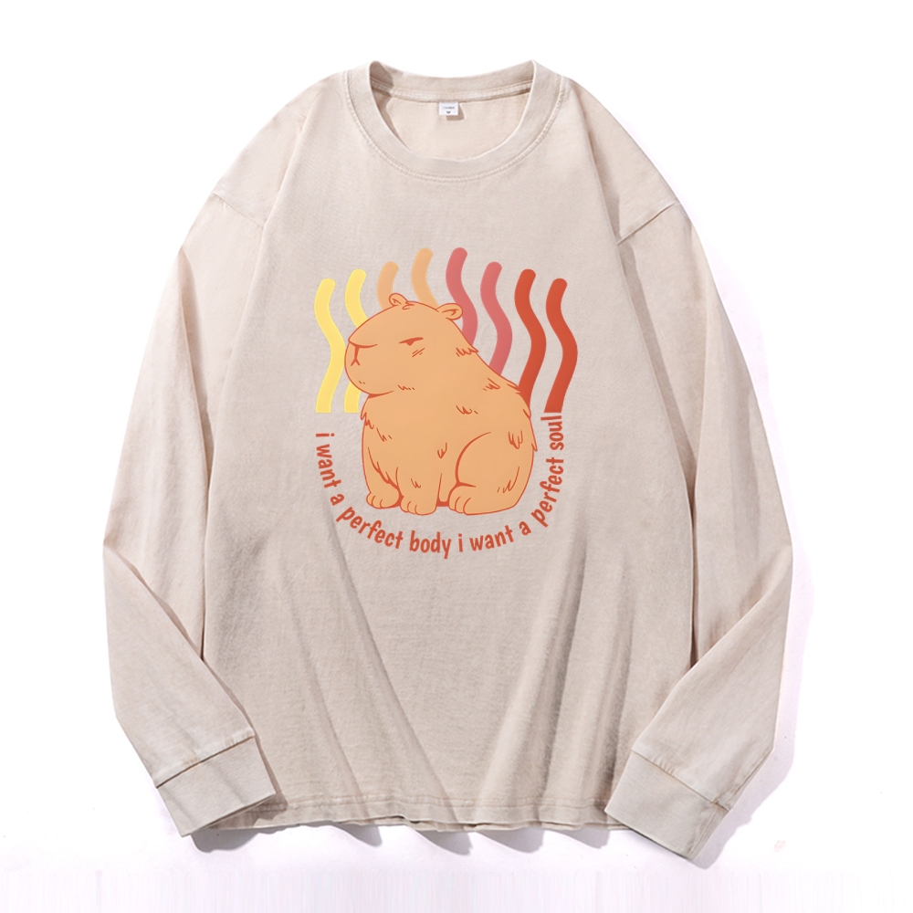 Capybara Casual Deep Washed Vintage Long Sleeves T-Shirt-moweekender