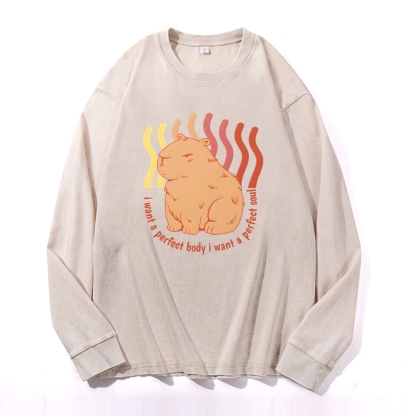 Capybara Casual Deep Washed Vintage Long Sleeves T-Shirt-moweekender