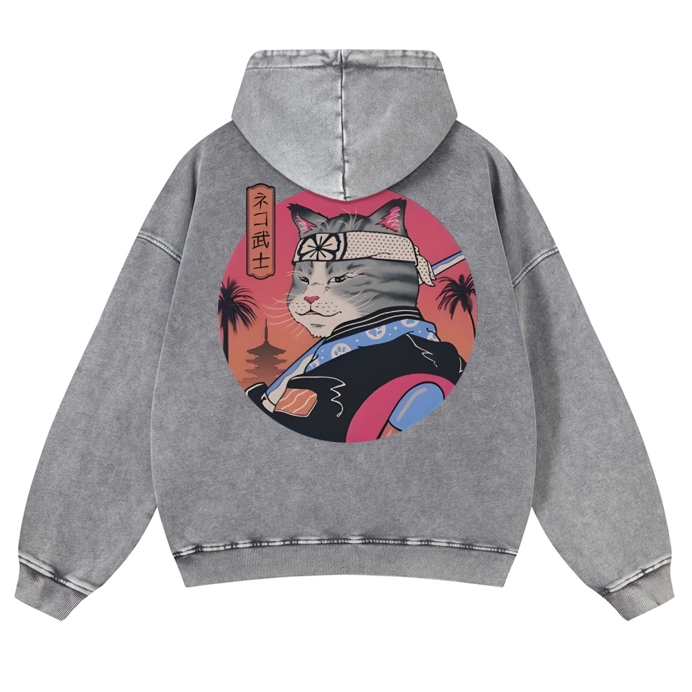 Japanese Cat Warrior Casual Vintage Washed Hoodie-moweekender