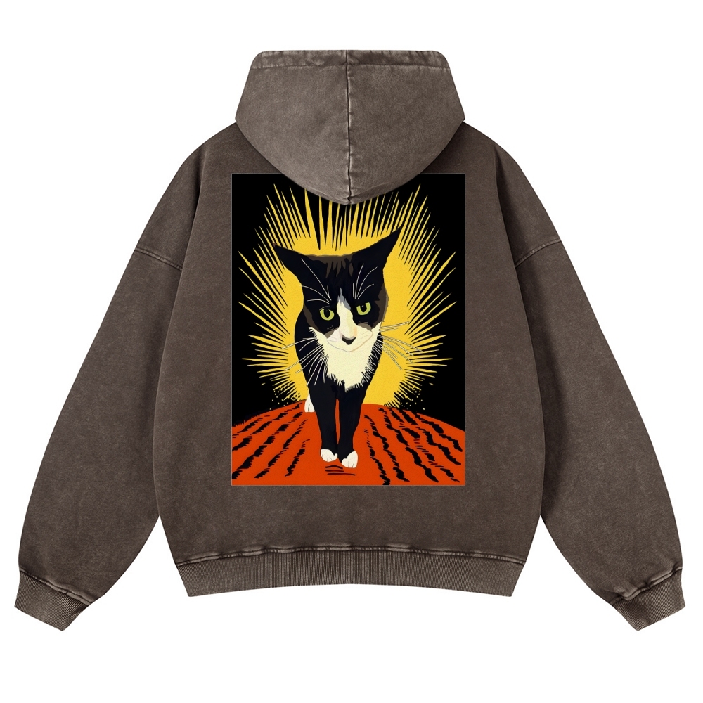 Rebel Cat Casual Vintage Washed Hoodie-moweekender